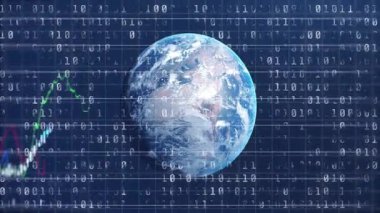 Finansal grafiklerle Dünya 'nın animasyonu ve küresel veri analizi için ikili kod. ekonomi, dijital, analitik, finans, teknoloji, konsept