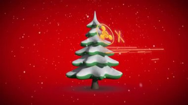 Kırmızı arka planda acil uyarı mesajı olan karla kaplı Noel ağacı animasyonu. bayram, şenlik, kış, kar, her zaman yeşil, acil