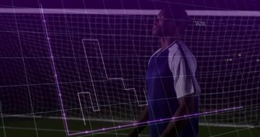 Tasarruf topu, dijital animasyonu olan futbolcu gol ağında üst üste biniyor. Spor, atlet, takım çalışması, rekabetçi, oyun, dinamik