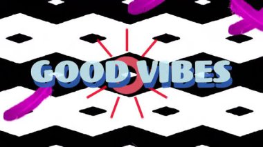 Mor tüylü, siyah beyaz çizgili Good Vibes metni. Tipografi, siyah ve beyaz, çizgiler, desen, tasarım, soyut