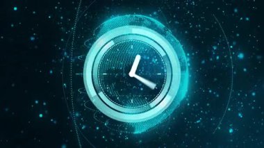 Parlak mavi ışıkları ve soyut desenleri olan gelecekçi dijital saat animasyonu. Teknoloji, yenilik, tasarım, modern