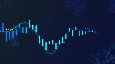 Değişen mavi çubuklar ve çizgi grafikleriyle finansal veri tablosunun animasyonu. Maliye, yatırım, veri analizi, istatistik, ekonomi, büyüme