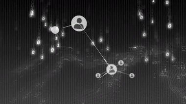 İkili veri işleme, dijital manzara üzerinden ağ bağlantılarının animasyonu. Teknoloji, gelecek, iletişim.
