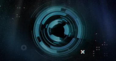 Fütüristik dijital okul arayüzü ile dönen mavi dairesel elementler. Teknoloji, yenilik, eğitim, animasyon, tasarım, modern