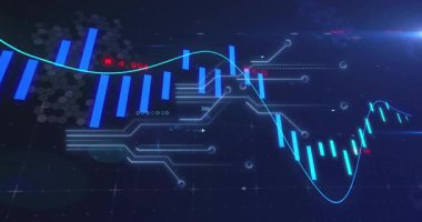 Mavi fütüristik arka plan üzerinde dijital grafik ve veri işleme animasyonu. Teknoloji, veri analizi, analitik, bilgi, siber, görselleştirme