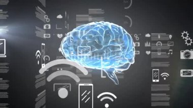 Yapay zekayı temsil eden veri grafikleriyle dijital beyin hologramının animasyonu. teknoloji, gelecek, holografik, yenilik, sanal, analitik