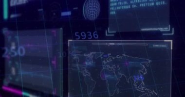 Fütürist arayüz elementleriyle dijital dünya haritası ve veri işleme animasyonu. Teknoloji, küresel, ağ, analitik, sanal, yenilik