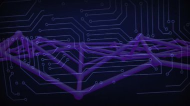 Parlak mor ve beyaz çizgiler koyu arkaplanda devre kartı deseni oluşturuyor. Teknoloji, dijital, fütüristik, soyut, elektronik, ağ