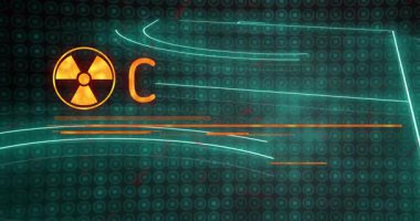 Dijital arkaplanda acil eylem gerektiren metin içeren radyasyon uyarı işareti. Güvenlik, tehlike, alarm, acil durum, dikkat, uyarı