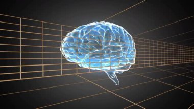 Dijital sinir ağını gösteren ızgara çizgileriyle parlayan beynin animasyonu. Teknoloji, beyin dalgası, yapay zeka, fütürist, veri