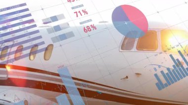 Finansal tabloları ve yüzeyi kaplayan grafikleri olan uçağın animasyonu. Havacılık, finans, yatırım, analitik, veri, ekonomi