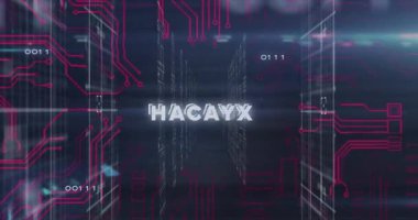 İkili kod arkaplanı üzerinde HACKED metni olan dijital devre kalıplarının animasyonu. Siber güvenlik, hackleme, ağ, teknoloji, veri, kodlama