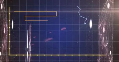 Mavi ızgara arka planında veri analizi, çubuk ve çizgi grafiklerinin animasyonu gösteriliyor. Veri görselleştirme, analitik, grafikler, bilgi, istatistik, dijital