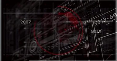 Kırmızı küreyi ve geometrik şekilleri kaplayan dijital veriler ve sayılar animasyonu oluşturur. Teknoloji, yenilik, fütüristik, dijital dönüşüm, küresel, ağ