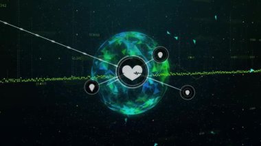 Dijital kalp simgelerinin soyut dünya üzerinden veri ağına bağlanması. Teknoloji, bağlantı, iletişim, gelecek, internet