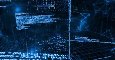 Sanal okul ortamında dijital kod insan figürünün canlandırılması. Sanal gerçeklik, dijital teknoloji, kodlama, gelecek, eğitim, e-öğrenme