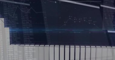 Kod ve veri grafikleri animasyon ve parıldayan dijital arayüz efektiyle birleştiriliyor. Teknoloji, yenilik, fütüristik, kodlama, görselleştirme