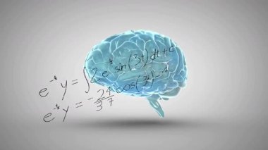Okulda, mavi beynin matematiksel denklemlerle dolu animasyonu. Beyin fırtınası, yaratıcılık, zeka, matematik, sinirsel, bilim