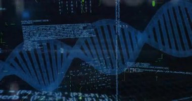 Animasyonda bilimsel veriler, DNA dizileri ve ikili kodlama işleniyor. Teknoloji, biyoloji, genetik, biyoenformatik, dijital, analiz