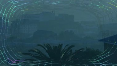 Palmiye ağaçları ve renkli geometrik animasyonlarla kaplı şehir manzarası. Kentsel, ufuk çizgisi, tropikal, doğa, mimari, canlı