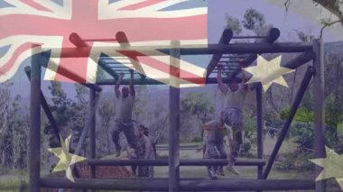 Engelli parkurunda eğitim gören Avustralya bayrak animasyonu yapan askerler. Ordu, ordu, takım çalışması, dayanıklılık, vatanseverlik, savunma