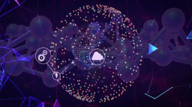 Soyut arkaplan üzerinde renkli noktalar oluşturan dijital simgeler ağı. Ağ, teknoloji, bağlantılar, gelecek, iletişim, internet