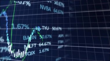 Değişen borsa grafiği ve çeşitli şirket kalp işaretleri animasyonu. Maliye, yatırım, ticaret, hisse senedi, veri, ekonomi