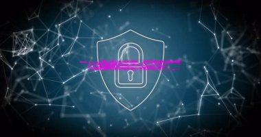 Dijital kilit ve Oyun Başlatma metni ağ bağlantıları üzerine animasyon. Siber güvenlik, teknoloji, veri, internet, şifreleme, sanal