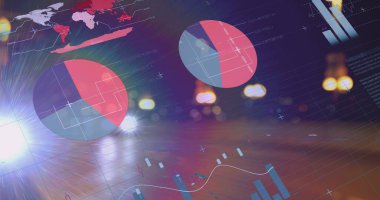 Modern iş veri analizleri için renkli finansal grafikler ve grafikler gösteriliyor. veri görselleştirme, finans, istatistik, teknoloji, eğilimler, kurumsal