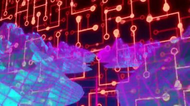 Neon ızgara dağları ve devre desenleri geleceksel animasyon manzarası yaratıyor. dijital, bilim kurgu, teknoloji, sanal, siber, soyut