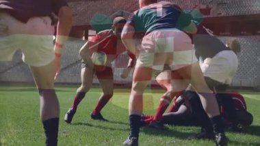 Rugby oyuncuları maç sırasında bayrak animasyonlarıyla sahada mücadele ediyorlar. Spor, rekabet, takım çalışması, sporcular, hareket, dinamik