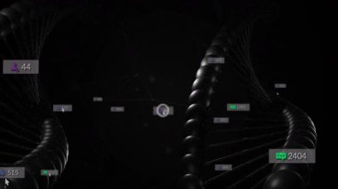 Karanlık arka planda sosyal medya simgeleri olan DNA iplikçiklerinin animasyonu. Biyoteknoloji, genetik, dijital, teknoloji, yenilik, bilim