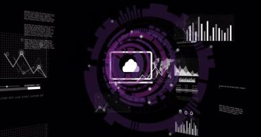Animasyon, dijital arayüz kullanarak siyah arkaplanda çizelgeler ve grafikler göstererek. Veri, analitik, teknoloji, fütüristik, görselleştirme, sunum