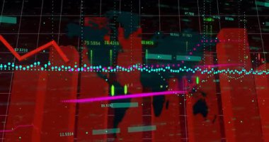 Küresel finansal verilerin görselleştirilmesi, grafiklerle animasyon ve dünya haritası örtüşmesi. Finans, ekonomi, analitik, küreselleşme, veri görselleştirme, istatistik