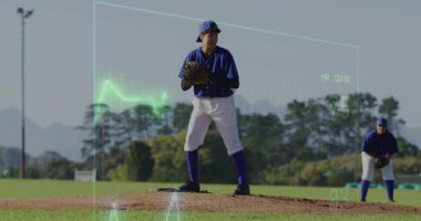 Sahadaki beyzbol oyuncusunun istatistiklerini gösteren animasyon verileri. Spor, analiz, bilgi, performans, dijital, teknoloji