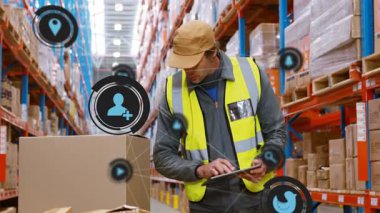 Animasyon simgeleriyle tablet kullanmak, lojistik operasyonları yürüten depo çalışanı. arz zinciri, envanter, yönetim, teknoloji, dijital, verimlilik