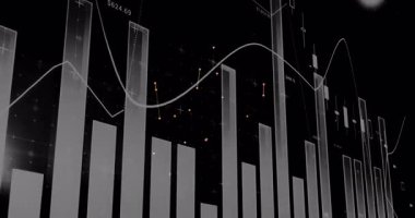 Üç boyutlu çubuk grafikleri ve veriler siyah arkaplan üzerinde animasyon olduğunu gösteriyor. Analizler, istatistikler, görselleştirme, bilim, büyüme, dijital