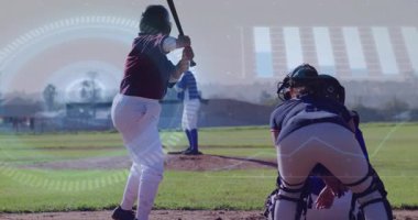 Beyzbol oyuncuları dijital veri işleme animasyon örtüsüyle iş başında. Spor, atletizm, hareket, teknoloji, yenilik, analitik