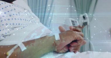 Hastanede, önlüklü adam tıbbi teknoloji için dijital ağ animasyonu yaşıyor. Sağlık, yenilik, sanal, tedavi, bağlantı, biyoenformatik