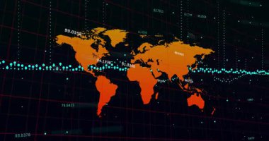 Okuldaki dünya haritası animasyonunda sayısal veriler ve dijital şebeke örtüşüyor. Teknoloji, eğitim, fütüristik, yenilik, küresel, analitik