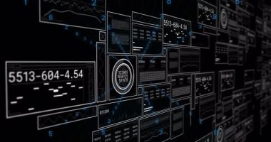 Sayılar ve grafiklerle gelecekteki arayüzün dijital verileri gösteriliyor. Teknoloji, yenilik, analitik, veri görselleştirme