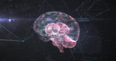 Finansal grafikleri ve ağ bağlantıları olan dijital beynin animasyonu. Yapay zeka, teknoloji, yenilik, veri, analitik, finans