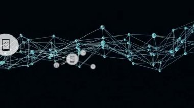 Siyah arkaplanda çeşitli simgeleri birbirine bağlayan dijital ağın animasyonu. Teknoloji, bağlantı, arayüz, iletişim, veri, siber uzay