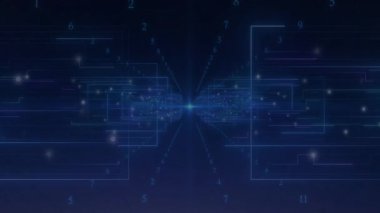 Karanlık çöktüğünde elektrik hatları üzerinde dijital ağ ve veri işleme animasyonu. Teknoloji, bağlantı, enerji, elektrik, iletim