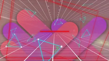 Parlayan geometrik şekillerin animasyonu ve dijital manzara oluşturan ızgara çizgileri. Gelecekçi, sanal, siber, teknoloji, soyut, kavramsal