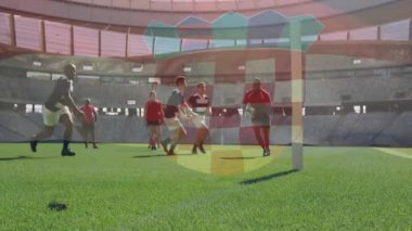 Rugby oyuncuları sahada ve stadyumda Hırvat bayrağı animasyonları var. Spor, takım çalışması, rekabet, sporcular, adrenalin, coşku