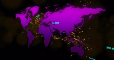 Parlayan veri noktaları ve dönen altın parçacıkları olan mor dünya haritasının animasyonu. Küresel, dijital, teknoloji, ağ, bağlantı, geleceksel