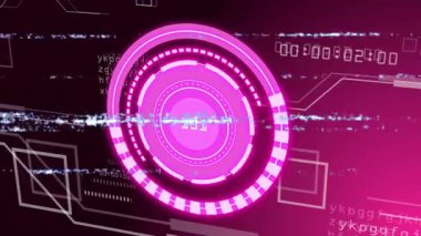 Pembe dairesel grafikler ve ikili kod animasyonuyla gelecekçi dijital arayüz. Teknoloji, yenilik, matris, bilim-kurgu, sanal