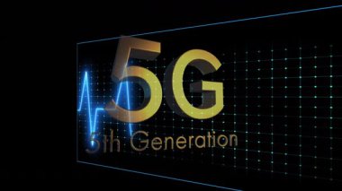 Fütürist tarzda 5G animasyon metni içeren dijital şebeke arkaplanı. Teknoloji, ağ, bağlantı, telekomünikasyon, yenilik, siber