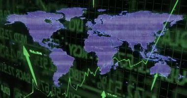 Finansal veri tablolarını yeşil yükselen eğilimlerle kaplayan dünya haritasının animasyonu. Finans, ekonomi, büyüme, yatırım, analiz, küresel